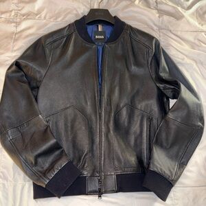 Boss Black Leather Bomber Jacket